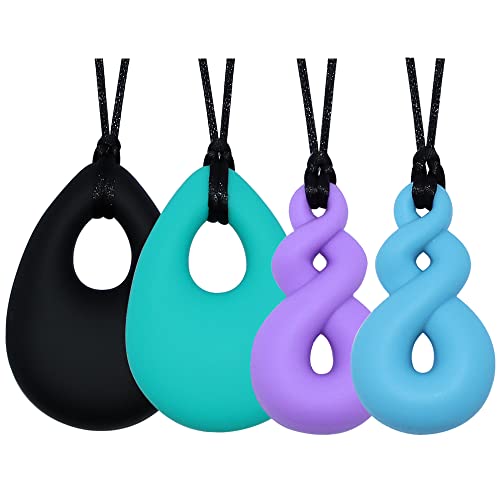 Chew Necklace for Boys and Girls, Silicone Chew Toys for Kids Teardrop Twist Pendants, Chewy Necklace Sensory for Autism or Oral Motor Special Needs BPA Free - 4 PCS Set - Black/Turquoise/Purple/Blue