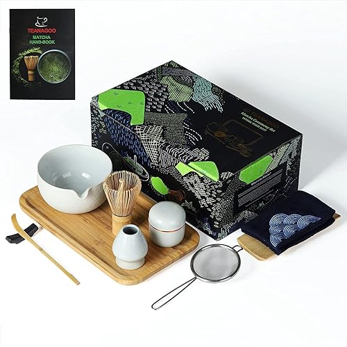 TEANAGOO Matcha Whisk Set,10 Pcs Matcha Set,Matcha Kit for Ceremony,Matcha Tea Set for Making Breakfast/Latte,Matcha Whisk Set and Bowl with All Accessories,Gift for Matcha Lover/Friend/Family - 10 pcs/set , Bowl with pouring - Lt.grey 3