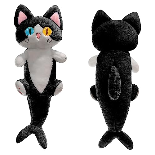 OOPSHANA Lovely Plush Shark Cat Doll Cute Cartoon Soft Stuffed Shark Kitten Pillow Long Throw Sleeping Pillow Doll Toy Gift for Kids Girlfriend,19.7/33/53Inches - Black - 135CM