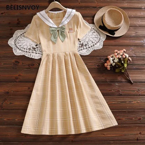 15Japanese Preppy Style Summer Women Dress Harajuku Sailor Collar With Bow Femininos Vestidos Short Sleeve Sashes Kawaii Dress|Dresses|   - AliExpress