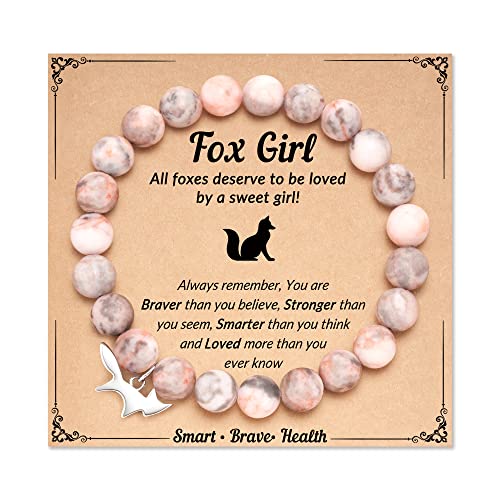 FYUKISS Natural Stone Fox Charm Bracelet for Girls Granddaughter Daughter Niece Birthday Christmas Gifts - Pink