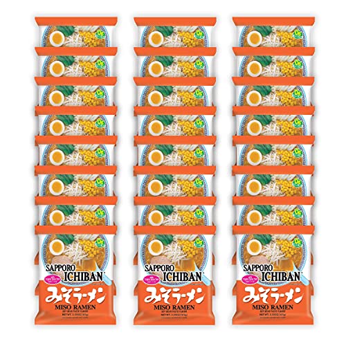 [SAPPORO ICHIBAN] Miso Flavor Ramen Noodles, No. 1 Tasting Japanese Instant Noodles (3.5 Oz. x 24 pouches) - Miso Flavor