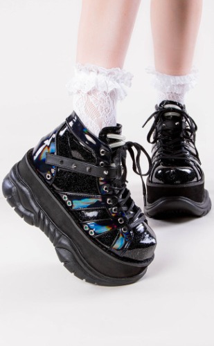 NEPTUNE-100 Black Holographic Platform Sneaker Ankle Boots | 7M/9W