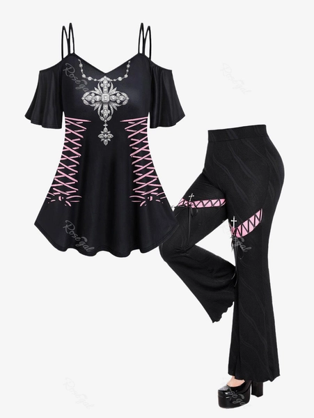 Gothic 3D Gem Print Open Shoulder T-shirt and Colorblock Lace-up Crucifix Decor Flare Pants Outfit