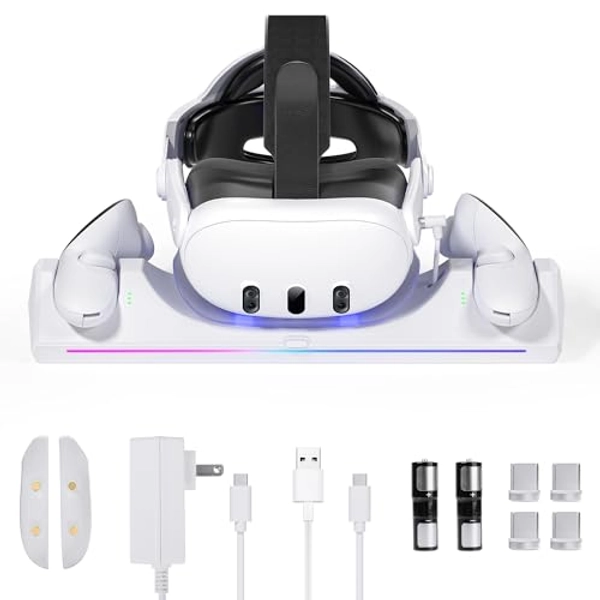Kuject RGB Charging Dock for Quest 3, 30W Fast Charging Station with LED Indicator for VR Headset and Controllers, Magnetic Charging Stand Accessories with Rechargeable Batteries and USB-C Charger