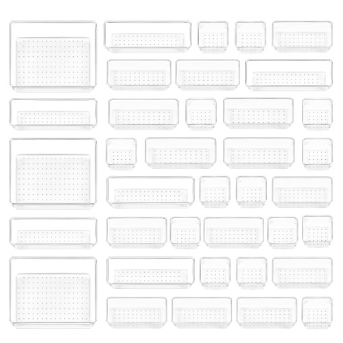 37 PCS Clear Plastic Drawer Organizers Set, Vtopmart 4-Size Versatile Bathroom and Vanity Drawer Organizer Trays, Storage Bins for Makeup, Jewelries, Kitchen Utensils and Office - 