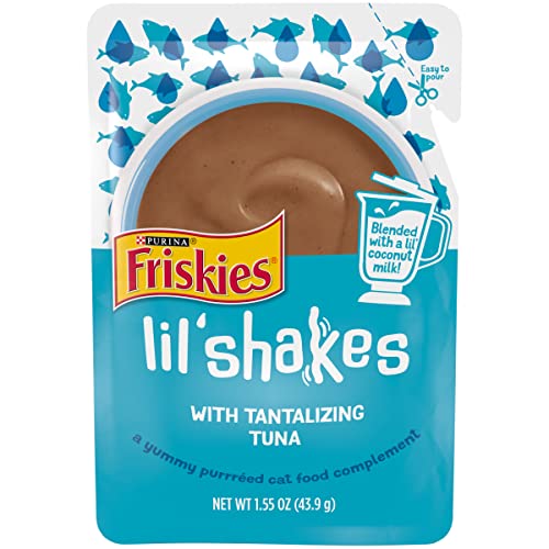 Purina Friskies Wet Pureed Cat Food Topper, Lil' Shakes With Tantalizing Tuna Lickable Cat Treats - (Pack of 16) 1.55 oz. Pouches