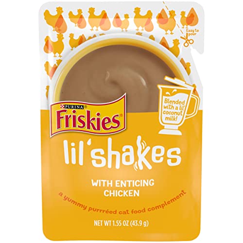Purina Friskies Pureed Cat Food Topper, Lil’ Shakes With Enticing Chicken Lickable Cat Treats - (Pack of 16) 1.55 oz. Pouches