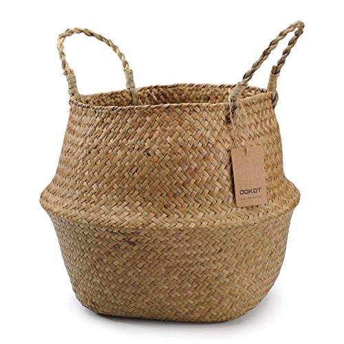 DOKOT Seagrass Plant Basket with Handles, Wicker Woven Storage Basket (8.3inch Diameter x 9inch Height), Natural
