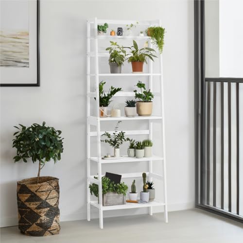 CAPHAUS 5-Tier Bamboo Ladder Shelf, Bamboo Open Storage Ladder Bookshelf, Freestanding Plant Standing Display Stand, Multifunctional Storage Rack Stand for Bathroom, Bedroom, Kitchen, White - 5 tier - White