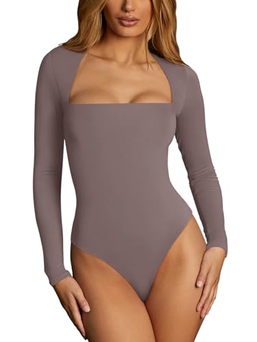 REORIA Womens Square Neck Double Lined Seamless Shirt Stretchy Long Sleeve Bodysuit Tops - Dove Grey