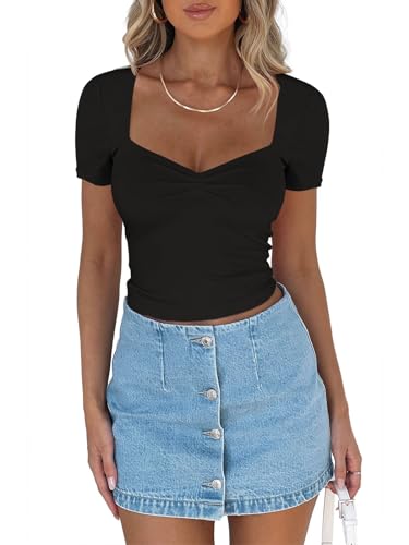 REORIA Women's Cute Ruched Sweetheart Neck Short Sleeve Going Out Y2K Trendy T Shirts Crop Tops Tees - Black
