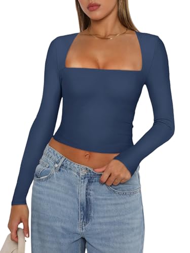 REORIA Women's Sexy Square Neck Long Sleeve Y2K Going Out T Shirt Crop Top - Starry Blue