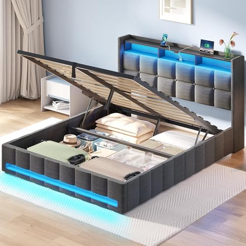 Rolanstar Full Size Bed Frame with Lift Up Storage, Charging Station & LED Lights, Upholstered Bed with Heavy Duty Wooden Slats, No Box Spring Needed, Noise Free, Easy Assembly, Dark Grey - Dark Grey - Full