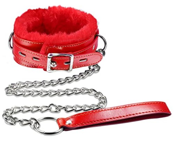 Thunaraz Plush Leather Collars Choker with Chain Detachable Leash Rope Cosplay Couple Jewelry for Women Black/Pink/Purple/Red - Red