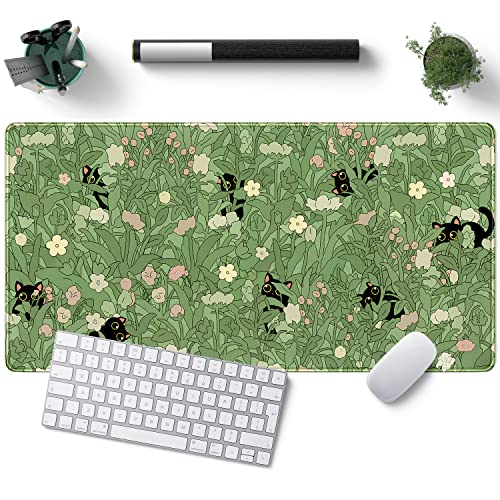 Green Desk Mat XL Cat Cute Plant Cool Desk Pad Keyboard Mat Kawaii Black Cat Flower Mouse Pad Green Desk Mat Desk Decor with Stitched Edges Non-Slip Large Computer Mat 31.5x15.7in - B-cat in the Meadow