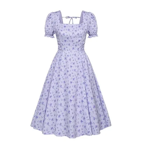 Belle Poque Vintage 1950s Cottagecore Cocktail Square Neck Puff Sleeve Dress with Pockets