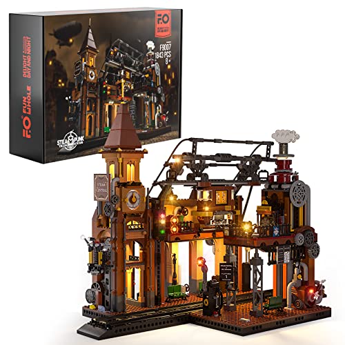 FUNWHOLE Train-Station Lighting Building Bricks Set - Steampunk LED Light Building Set 1843 Pieces for Adults and Teens