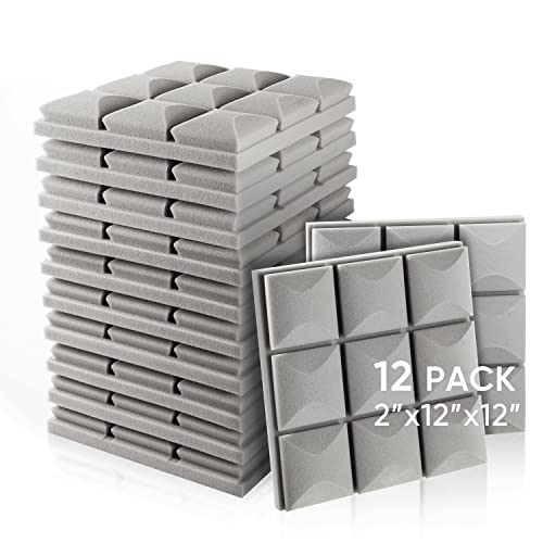 Fstop Labs Acoustic Foam Panels, 12 Pack Grey 2" X 12" X 12" Mushroom Studio Wedge Tiles, Sound Panels Sound Proof Foam Panels Sound Proofing Padding For Wall - 12 Pack - Grey (3 X 3)