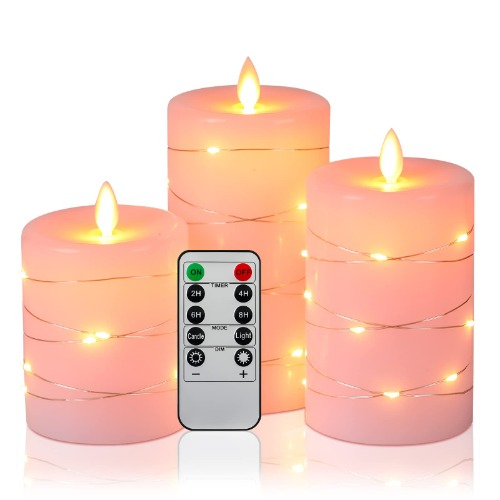 Flameless Candles 360 Degree Viewing Angle, with Starry String Lights, 3-Pack Fairy String Lights LED Candles, with 10-Key Remote Control, 24-Hour Timer Function, Dancing Flame, Real Wax(Rose). - Rose#3*1