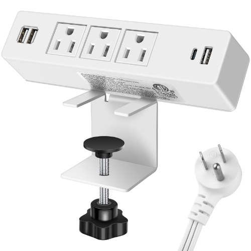 White Desktop Clamp Power Strip with USB, Surge Protector Power Charging Station Outlet with 3 Plugs 3 USB-A 1 USB-C PD 18W Fast Charging Multi-Outlets for Home Office Garage Workshop - 6FT White