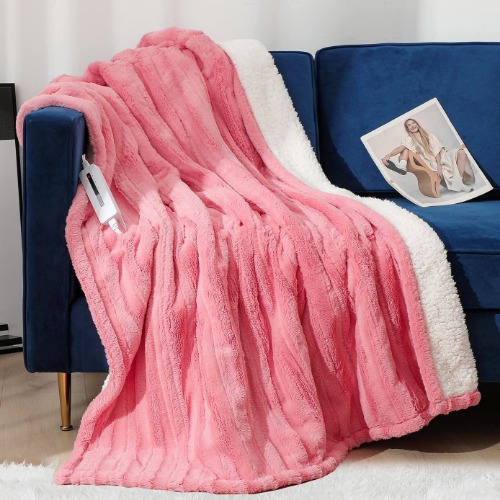 JTE Heated Blanket Electric Throw 50" x 60" Luxury Faux Fur Fuzzy Blanket Fast Sherpa Heating Blanket ETL Certification with 5 Heating Levels & 3 Hours Auto Off Machine Washable - Pink