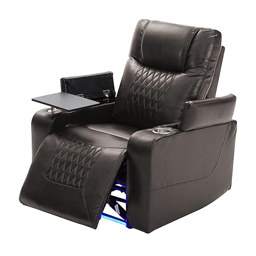 Merax Electric Recliner Chair with USB Charge Port, 360 Swivel Tray Table, Hand in-Arm Storage, and Cup Holders, Ambient Lighting - Ambient Lighting Gaming Recliner Chair Home Theater Seating (Brown) - Brown
