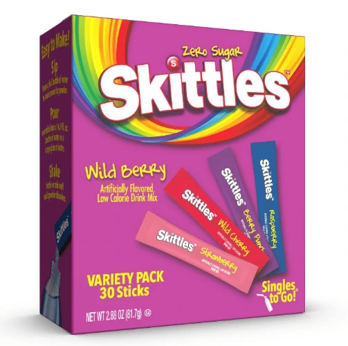 Skittles Zero Sugar Wild Berry Singles-to-Go Packs, Powdered Drink Mix, 2.88 oz, 30 Count Packets