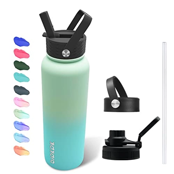 BJPKPK Insulated Water Bottles with Straw Lid, 40oz Stainless Steel Water Bottles with 3 Lids, Large Metal Water Bottle, BPA Free Leakproof Thermos Water Bottle for Sports & Gym- Mint