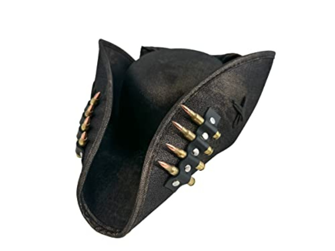 Cybergoth Black Pirate Hat Real .223 M16 Bullet Leather Strap Costume Hat Halloween Party - Brass Bullet