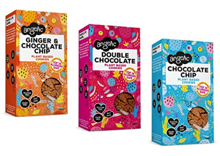 Angelic Free From 3 Mixed Box Vegan & Gluten Free Cookies. 3 Boxes Of Dairy, Nuts, Soya, Egg, Peanut Free Biscuits. Allergy Safe Snacks. (1x Chocolate Chip, 1x Double Chocolate, 1x Ginger & Chocolate)