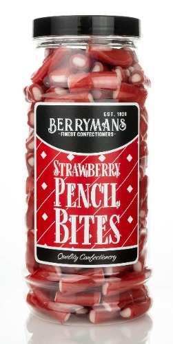 Original Strawberry Pencil Bites Retro Sweets Gift Jar By Berrymans Sweet Shop - Classic Sweets, Traditional Taste.
