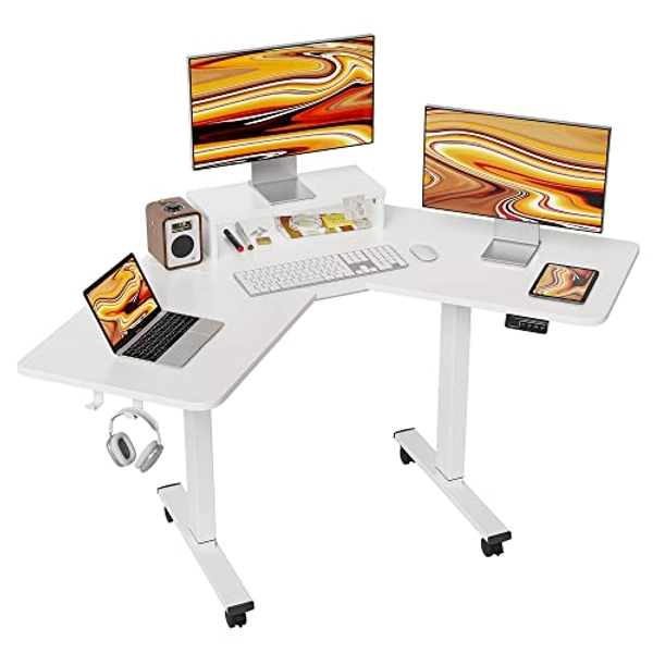 FEZIBO L Shaped Electric Standing Desk, 48 Inches Height Adjustable Corner Desk, Home Office Sit Stand Desk with White Top and White Frame