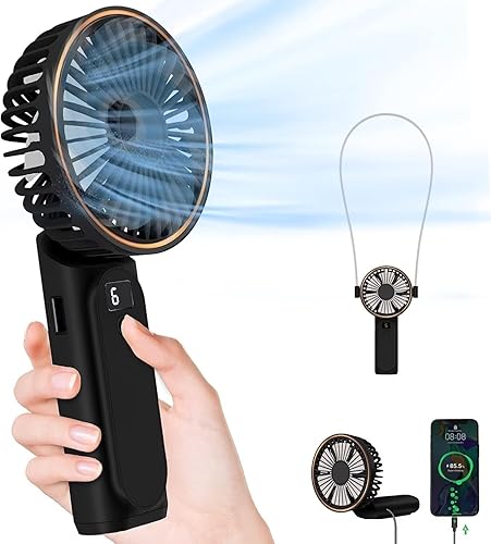 TUNISE Portable Handheld Fan, Portable Fan Rechargeable, 4000mAh, 180° Adjustable, 6 Speed Wind, Display Electricity in Real Time, USB Rechargeable Foldable Fan, Quiet Personal Fan as Power Bank - Black