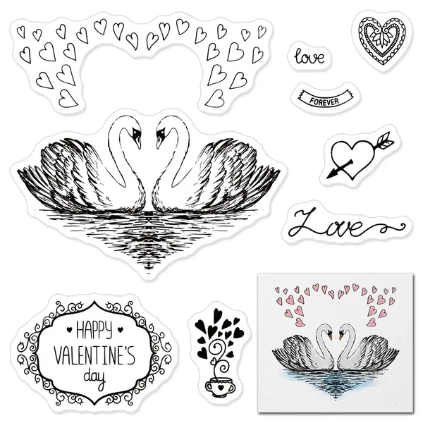 Valentine's Day Flower Clear Stamps for Card Making, Swan Background Heart Words Lace Frame Clear Rubber Stamps for Holiday Card Making Decoration DIY Scrapbooking Transparent Album Decor Paper Craft