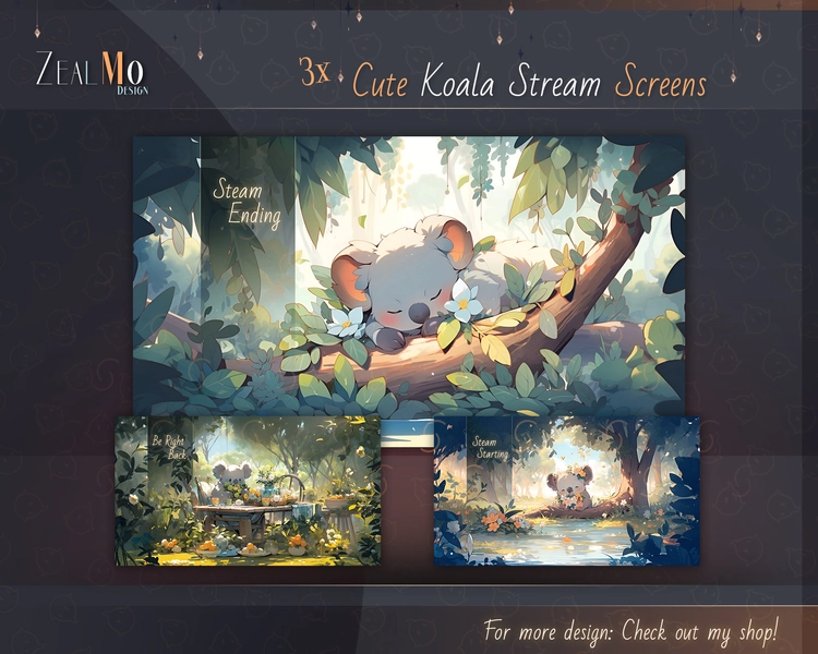 3x Cute Koala Stream Screen / Starting, Be Right back & Ending Stream Overlays