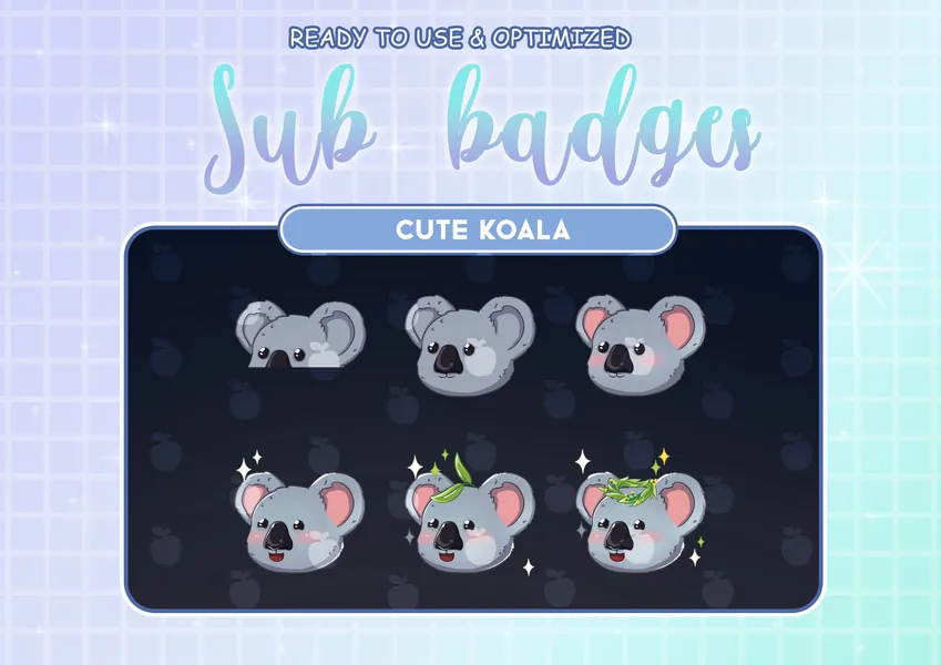 Kawaii Koala Bear Twitch Sub Bit Badges / Cute Grey Koala Streamer Emotes / Streamer Graphics / Cheer Subscribers / Bamboo Leaves Donation