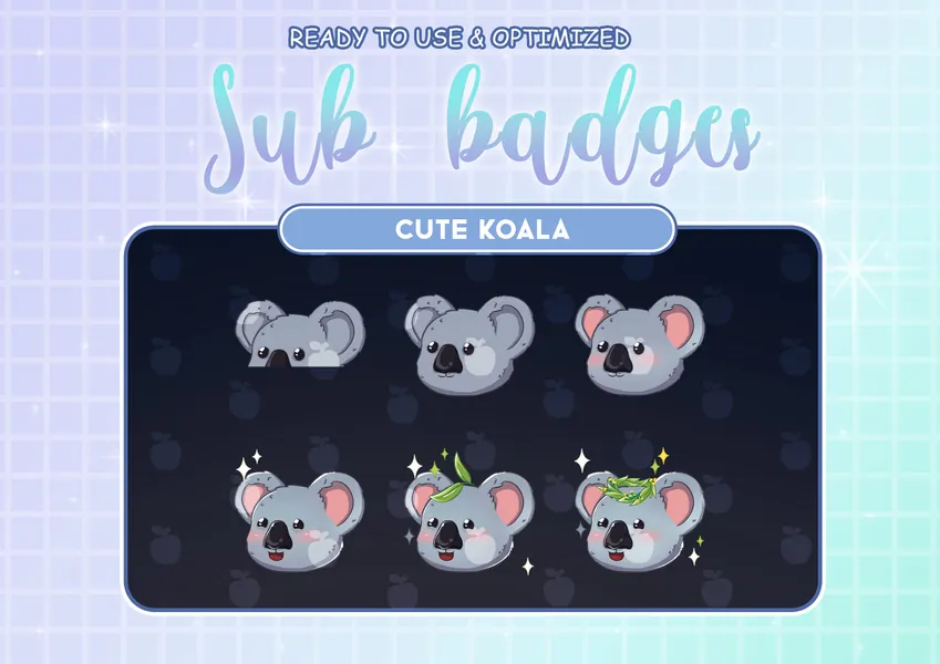 Kawaii Koala Bear Twitch Sub Bit Badges / Cute Grey Koala Streamer Emotes / Streamer Graphics / Cheer Subscribers / Bamboo Leaves Donation