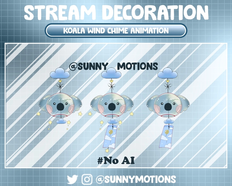 3 Animated Twitch Stream Decoration Animal: Kawaii Cozy Cute Koala Bear Wind Chime, Lo-fi Aesthetic Blue Cloud Wind Bell, Sky Twitch Overlay