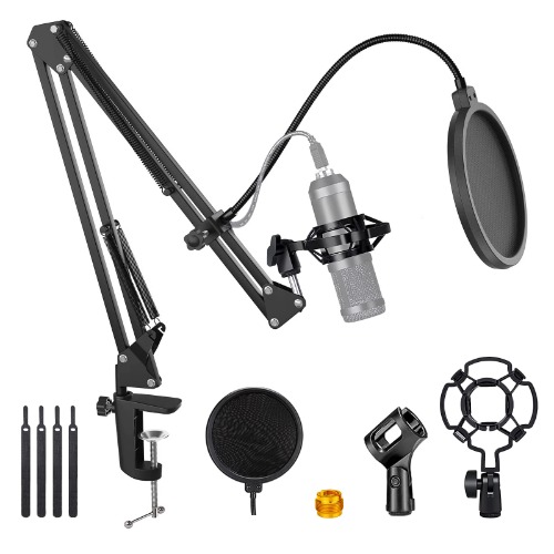 Microphone Arm Stand Adjustable Suspension Boom Mic Stand with 3/8" to 5/8" Screw Adapter, Pop Filter, Mic Clip, Shock Mount