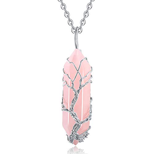 Tree of Life Wire Wrapped Crystal Point Pendant Necklace Reiki Healing Crystal Stone Necklaces Natural Hexagonal Gemstone Quartz Jewelry for Women - Rose Quartz