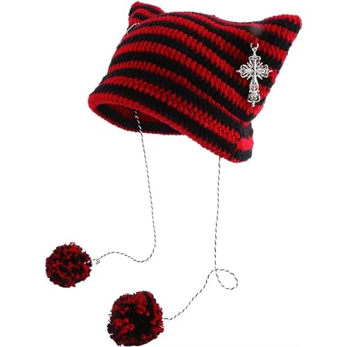 Grunge Beanies Crochet Knitted Hats for Women Girls Fox Cat Ear Goth Emo Alt Y2K Accessories Grunge Clothes - One Size - Red