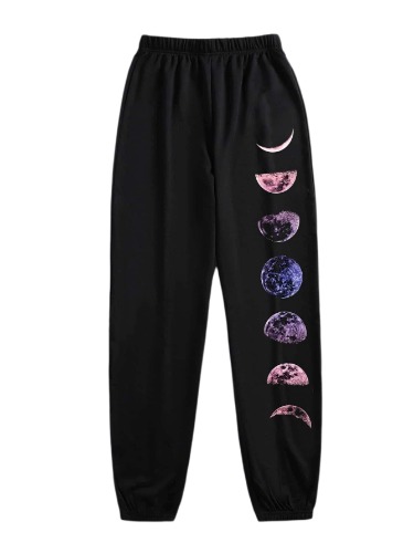 Women's Moon Print Elastic High Waisted Sweatpants - Medium Black
