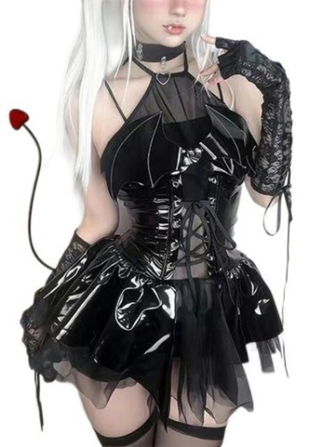 AYAZER Djävul flicka PU läder kostym kvinnor Succubus cosplay underkläder kostymer hållare transparent spetskjol sexig pyjamas tjänstflicka uniform - L - svart