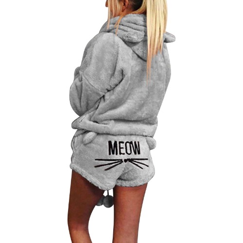 Bandeau Swim Suits Women Solid Color Warm Winter Set Two Piece Cute Cat Pajamas Hoodie Sleepwear Sexy Bathing Suit - XXL - Grey