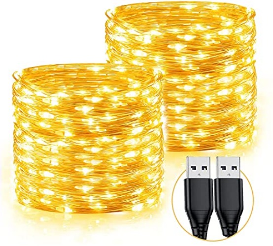 HOESOE 2 Pack Fairy String Light for Bedroom,33 Ft 100 Led Silver Wire Waterproof Starry Fairy Lights USB Powered for Party Wedding Festival Bedroom Table Decoration Warm White - warm white