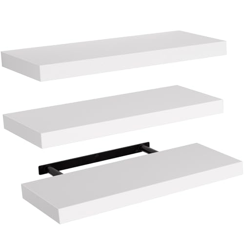 Amada White Floating Shelves Invisible Wall Mounted 3 Sets, Modern Faux Wood Storage Shelves with Matte Finish, Perfect for Bedroom, Bathroom, Living Room and Kitchen Storage AMFS08 - White