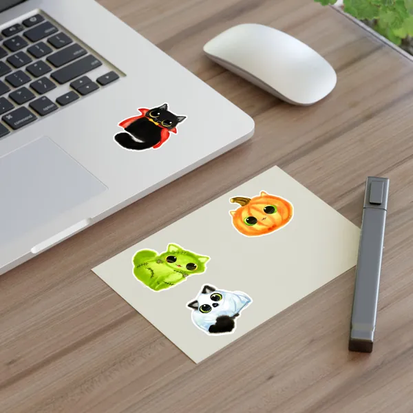 Colorful Halloween Cats Small Sticker Sheet Set of Four on 6"x4" sheet, each sticker approx. 2"x2", Dracula, Frankenstein, Ghost, Pumpkin
