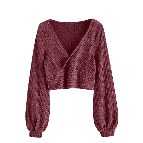 ZAFUL Women's Pullover Ribbed Cropped Knitwear Drawstring Ruched Knitted Crop Top Solid V-Neck Long Sleeve T-Shirt - Red-47 - X-Large