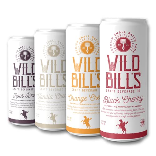 Wild Bill's - 4-Flavor Soda Variety Sampler, Root Beer + Vanilla Cream + Black Cherry + Orange Cream, Pure Cane Sugar, NO High Fructose Corn Syrup, Caffeine Free, Gluten Free, Vegan (12 oz, 12-Pack) - Black Cherry, Vanilla, Orange, Root Beer